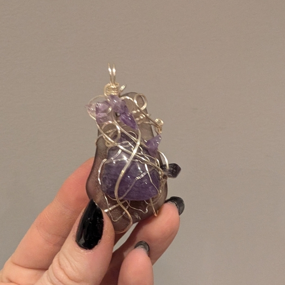 Handcrafted Amethyst And Sea Glass Wire-Wrapped Pendant - Picture 9 of 9